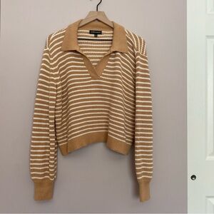 Embossed Striped Tan and White Collared Crop Pullover Sweater